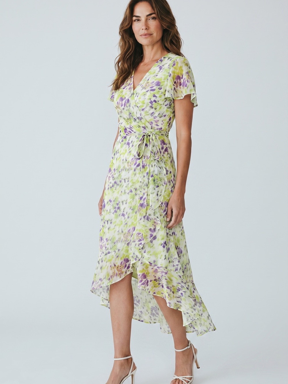 Floral Wrap Midi Dress in Lime & Lavender White House Black Market size 10 New